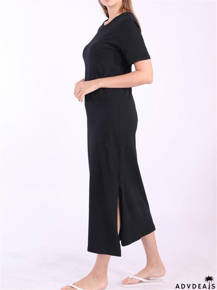Women Cotton Black Short Sleeve Long Dress