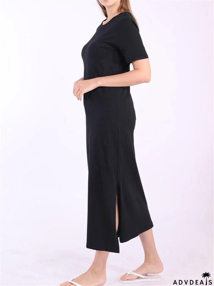 Women Cotton Black Short Sleeve Long Dress