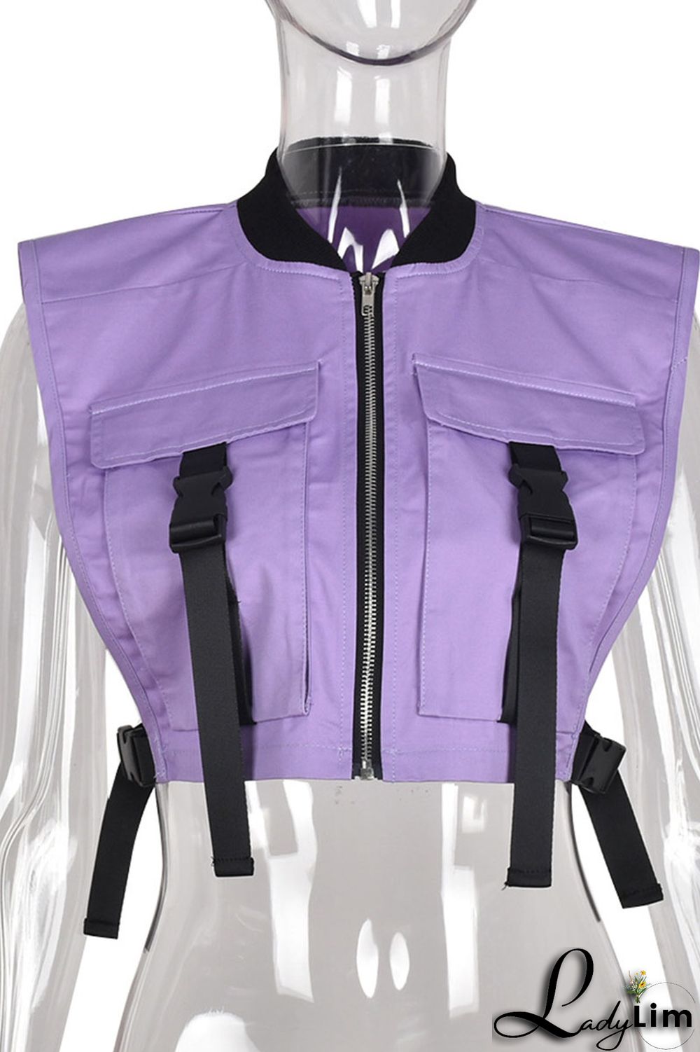 Purple Casual Street Solid Split Joint Pocket Zipper Tops