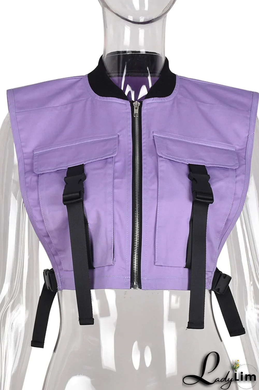 Purple Casual Street Solid Split Joint Pocket Zipper Tops
