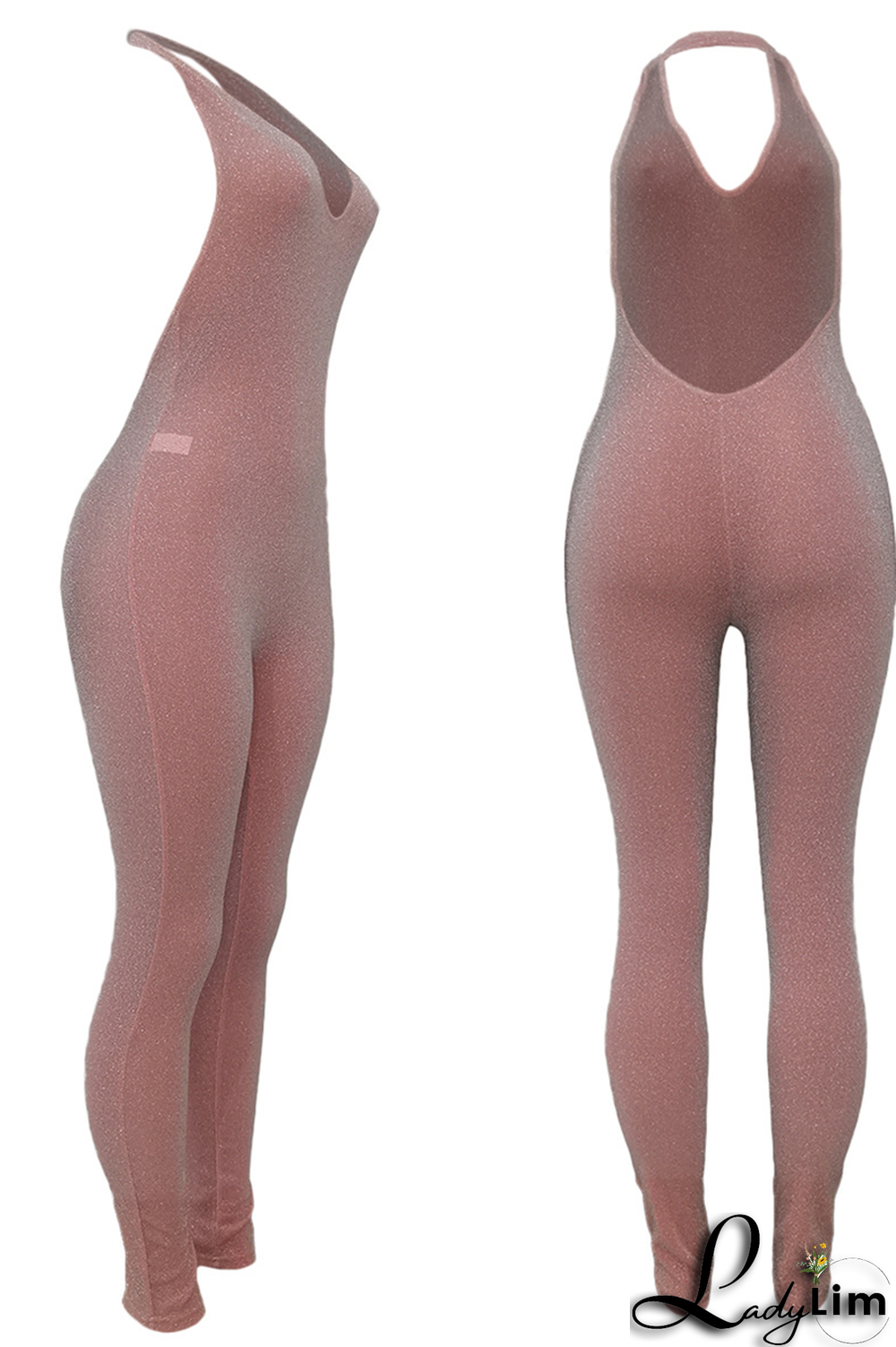 Pink Sexy Solid Patchwork Halter Skinny Jumpsuits