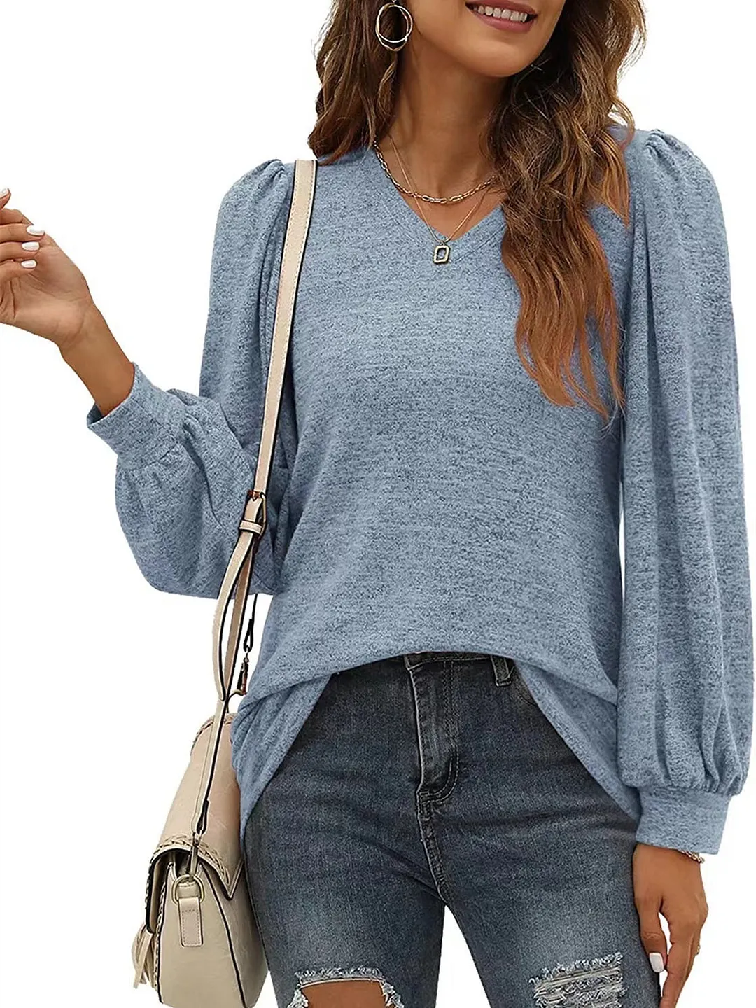 Women's Buttons Stitching Solid Color Long Sleeve V-neck Top