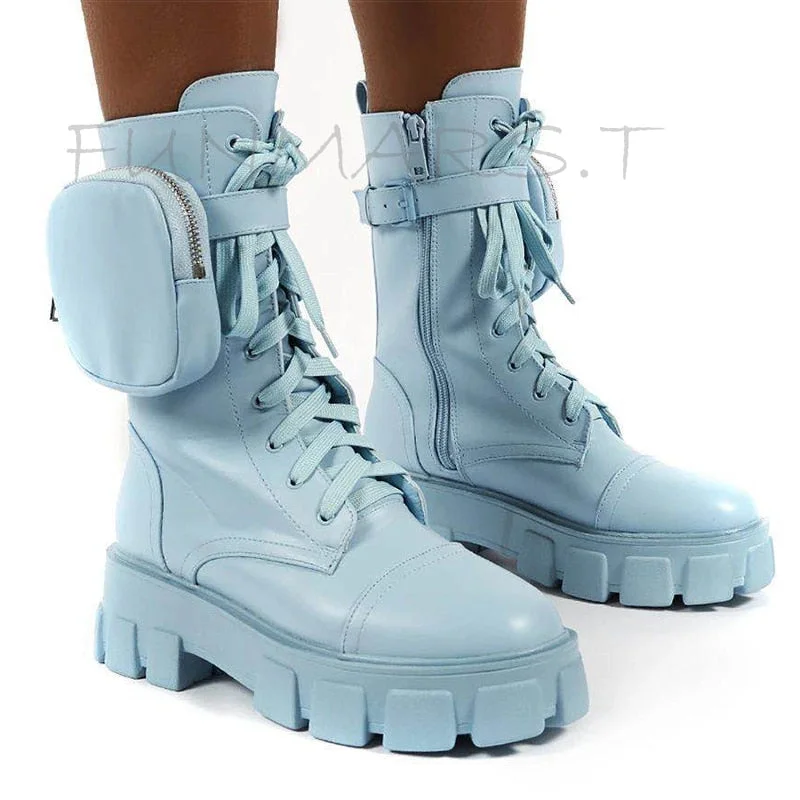 2020 New Chunky Boots Fashion Pocket Platform Boots Women Ankle Boots Female Sole Pouch Motorcycle Boots Shoes Women Botas Mujer