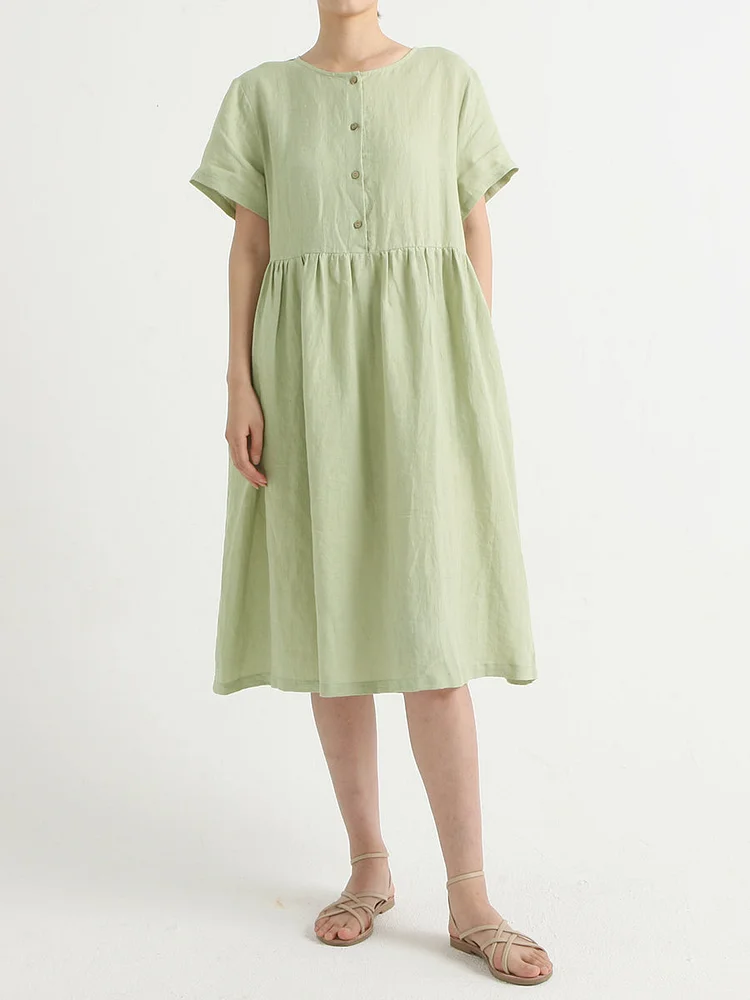 Plus Size Casual Linen Pleated Short Sleeve Roomy Dress