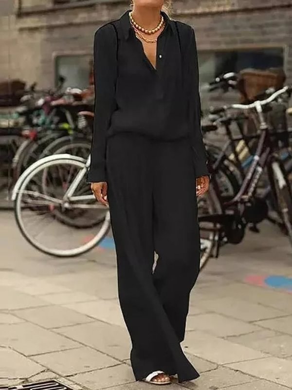 Simple Lapel Long Sleeves Blouse + Wide Leg Pants 2 Pieces Set