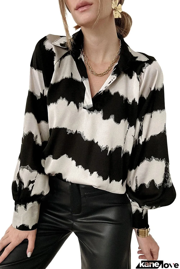 Striped Turn Down Collar Balloon Sleeve Blouse