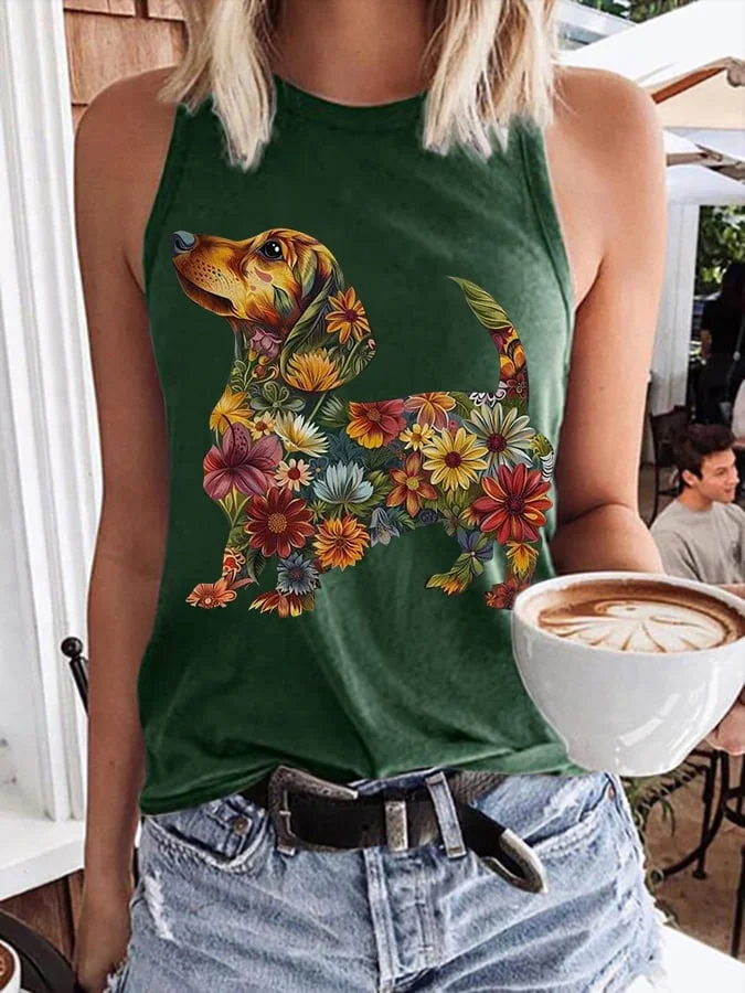 Women's Dog Print Round Neck Tank Top