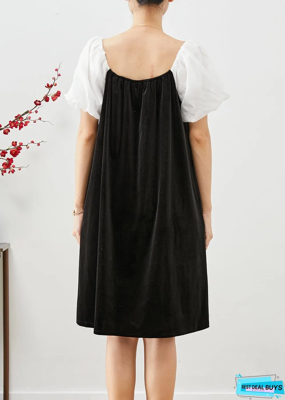 White Patchwork Silk Velour Dresses Oversized Square Collar Puff Sleeve