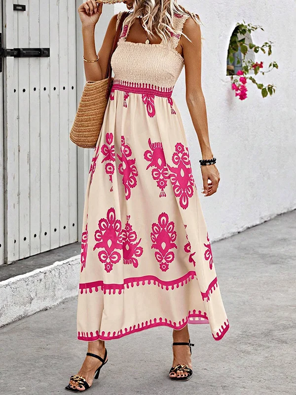 Split-Joint Printed Pleated Elasticity Sleeveless Loose Square-neck Maxi Dresses