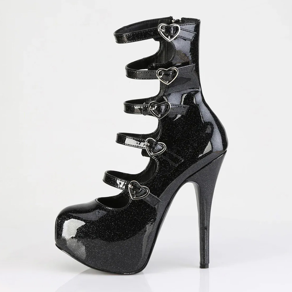 Black Heart-Buckle Glitter Platform High Heel Boots with Cut Out Nicepairs