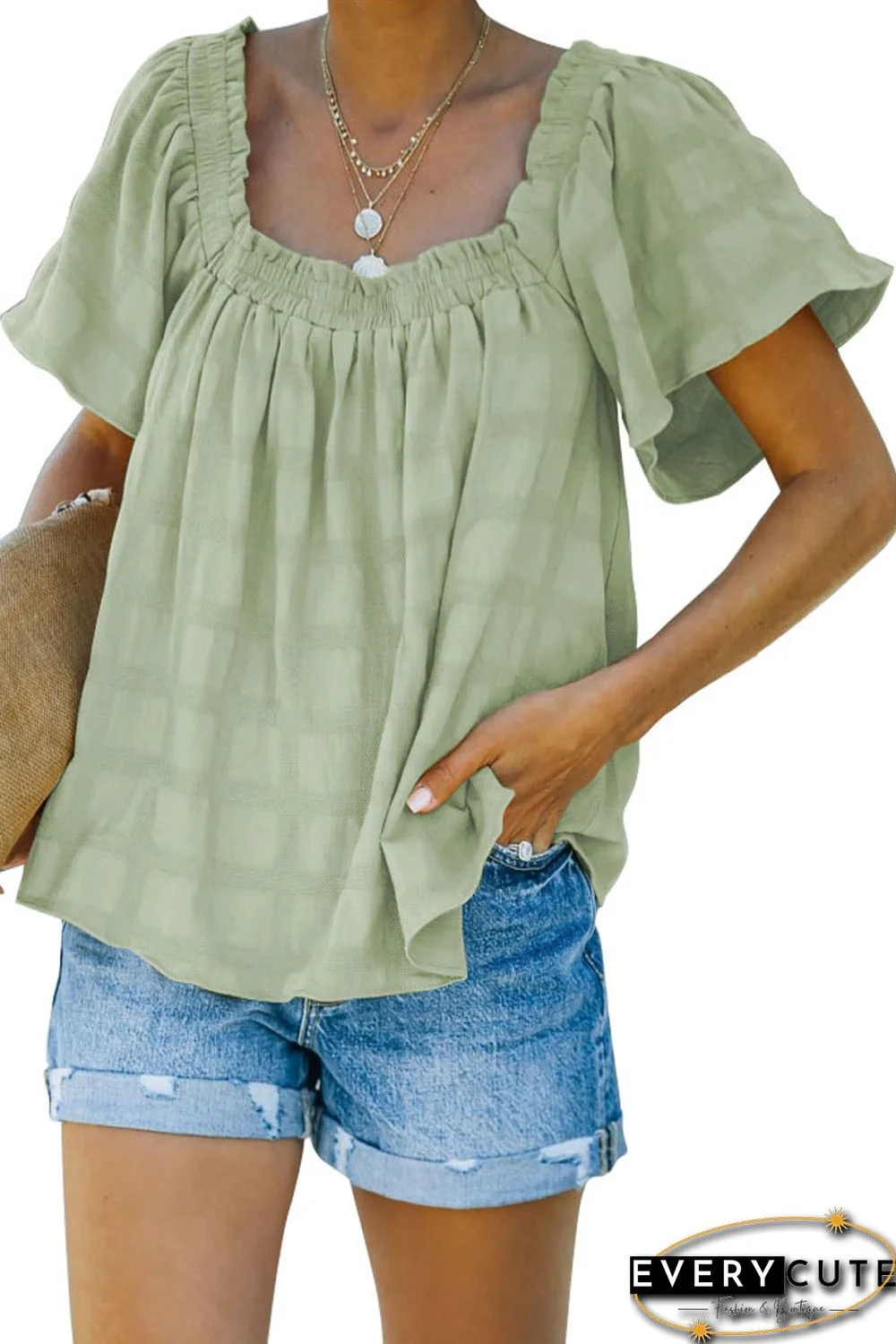 Green Square Neck Jacquard Short Sleeves Top