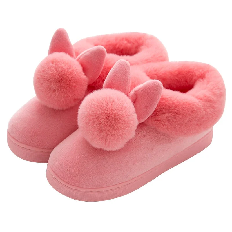 FONGIMIC Women Winter Slippers Warm Cute Cotton Slippers Ladies Autumn Velvet Home Floor Thick Bottom Cartoon House Rabbit Shoes