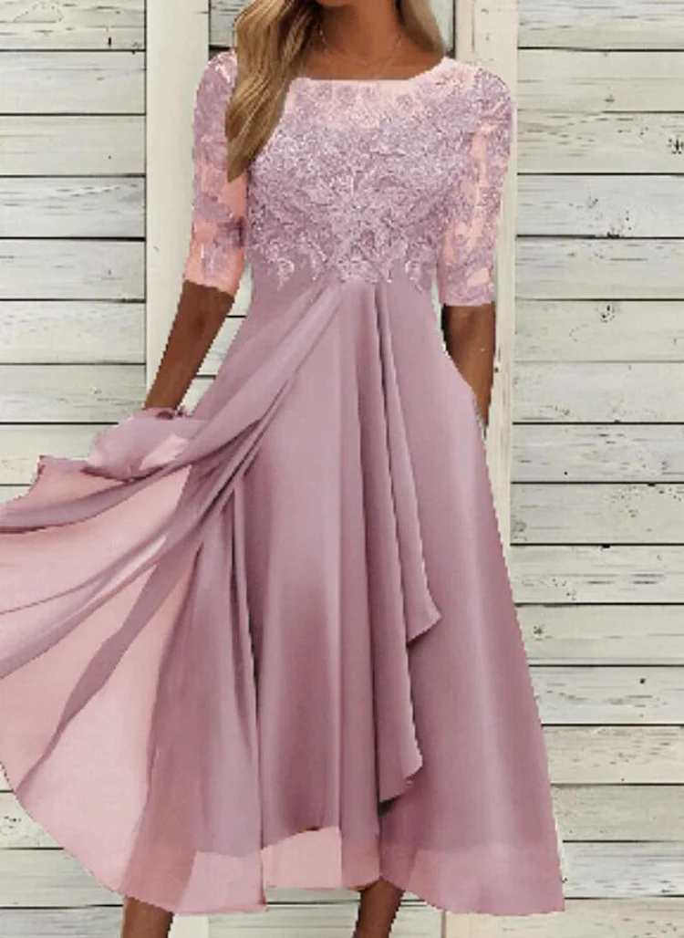 Fashion False Two Piece Sexy Embroidery Lace Office Party Midi Dress