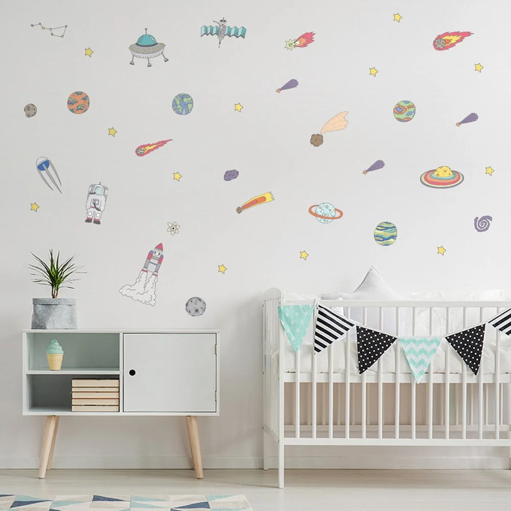 37pcs/set Space Astronaut UFO DIY Wall Sticker Fantasy Baby Children Room Mural Decals Nursery Boys Gift Art Posters Dorm Decor