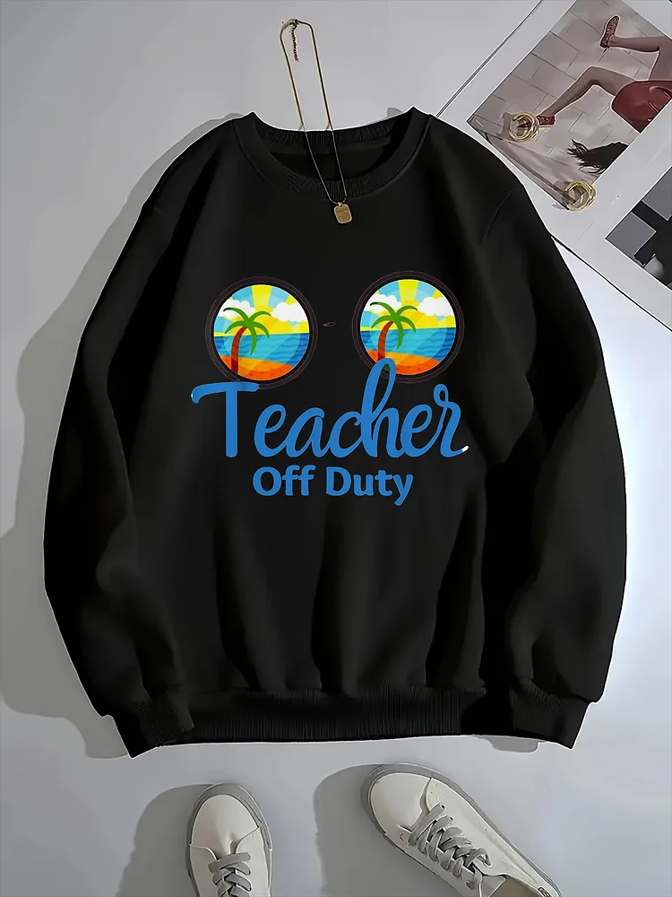 Women's Casual Teacher-Themed Sweatshirt - "Off Duty" Graphic With Fashion Glasses & Tropical Beach Scene, Green Crew Neck Pullover, Lightweight Polyester, Perfect For Spring & Summer, Teacher Accessorie