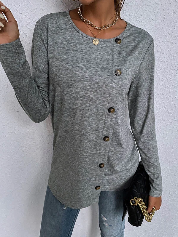 Casual Round-Neck Buttoned Asymmetric T-Shirt