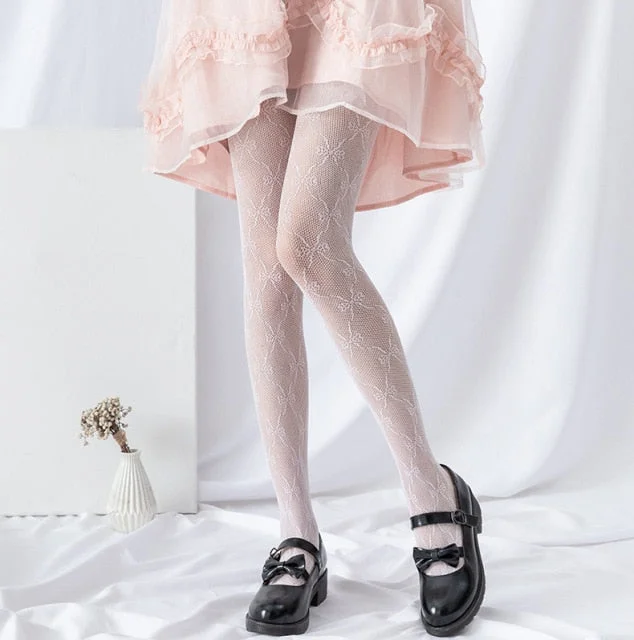Black/White Gothic Lolita Grid Lace Bowknot Moon Stocking Tights BE471