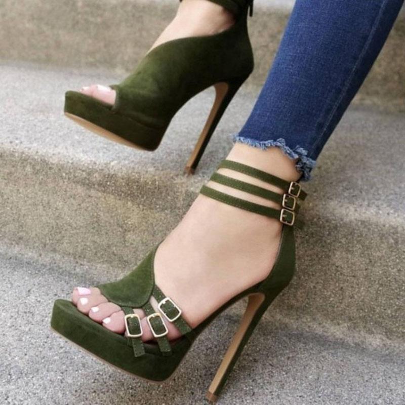 VCSHOES Suede Buckle Platform Open Toe High Heel Sandals