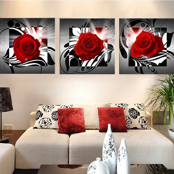 YRHCD Triptych Red Rose flower Decorative Canvas Painting Home Bed Room Deco Frameless Painting Home Wall artwork ornamet