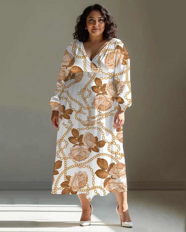 Women Elegant Luxury Chain Flower Print Wrap Midi Dress