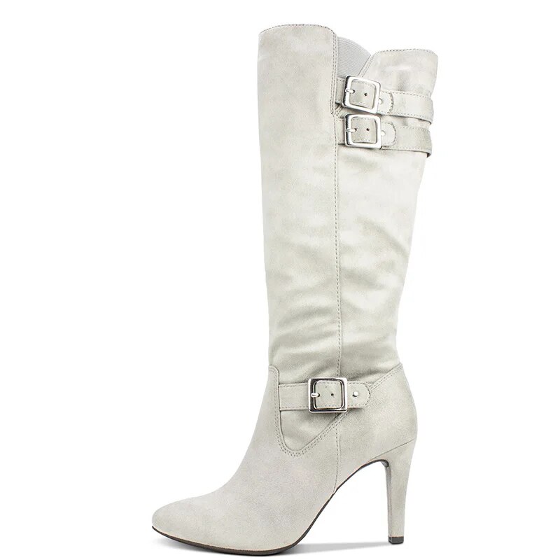 TAAFO Light Grey Knee Long Boots High Kitten Heels Pointed Toe Zipper Ladies Buckle Strap Women Shoes