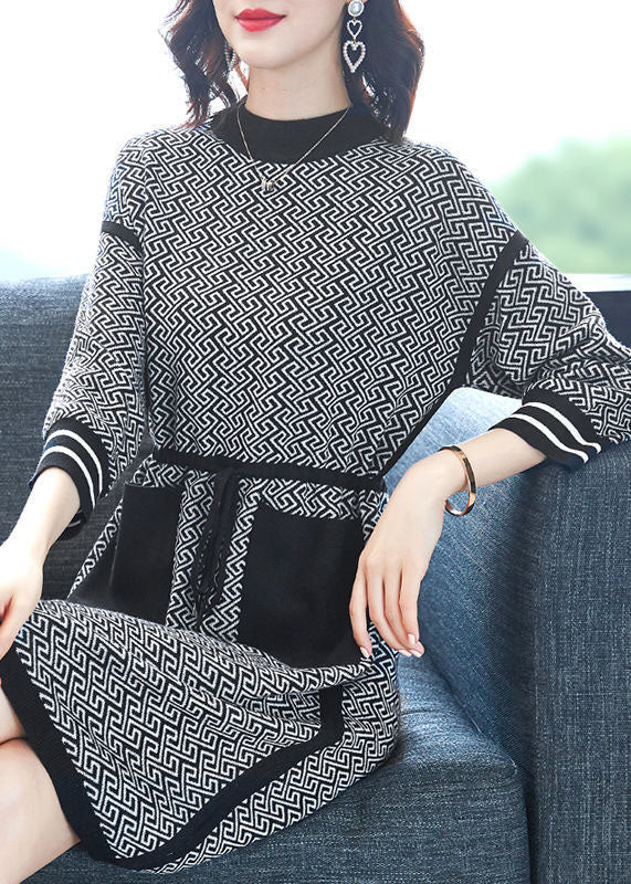 VCSHOES Black O-Neck Print Drawstring Knit Sweater Dress Long Sleeve