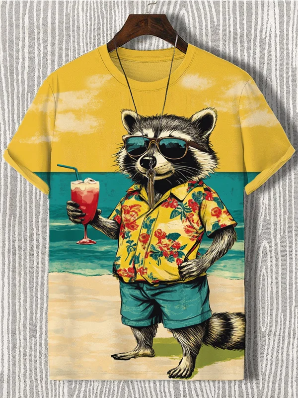 Men's Seaside Raccoon On Holiday Print Casual T-Shirt