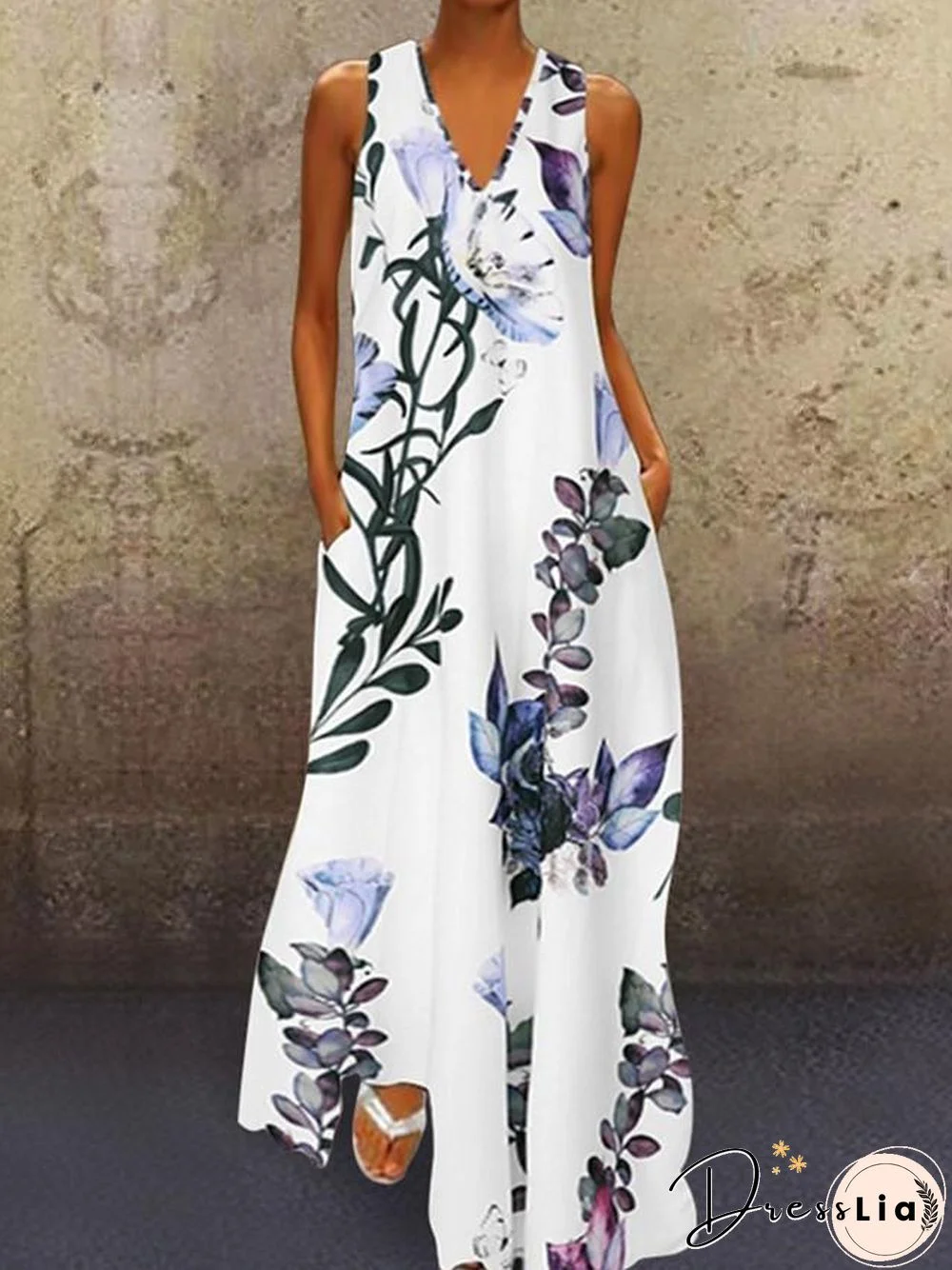 Women's A-Line Dress Maxi long Dress Sleeveless Floral Print Summer V Neck Plus Size Hot Casual Holiday Loose White Blue Yellow S M L XL XXL 3XL 4XL 5XL White Dresses