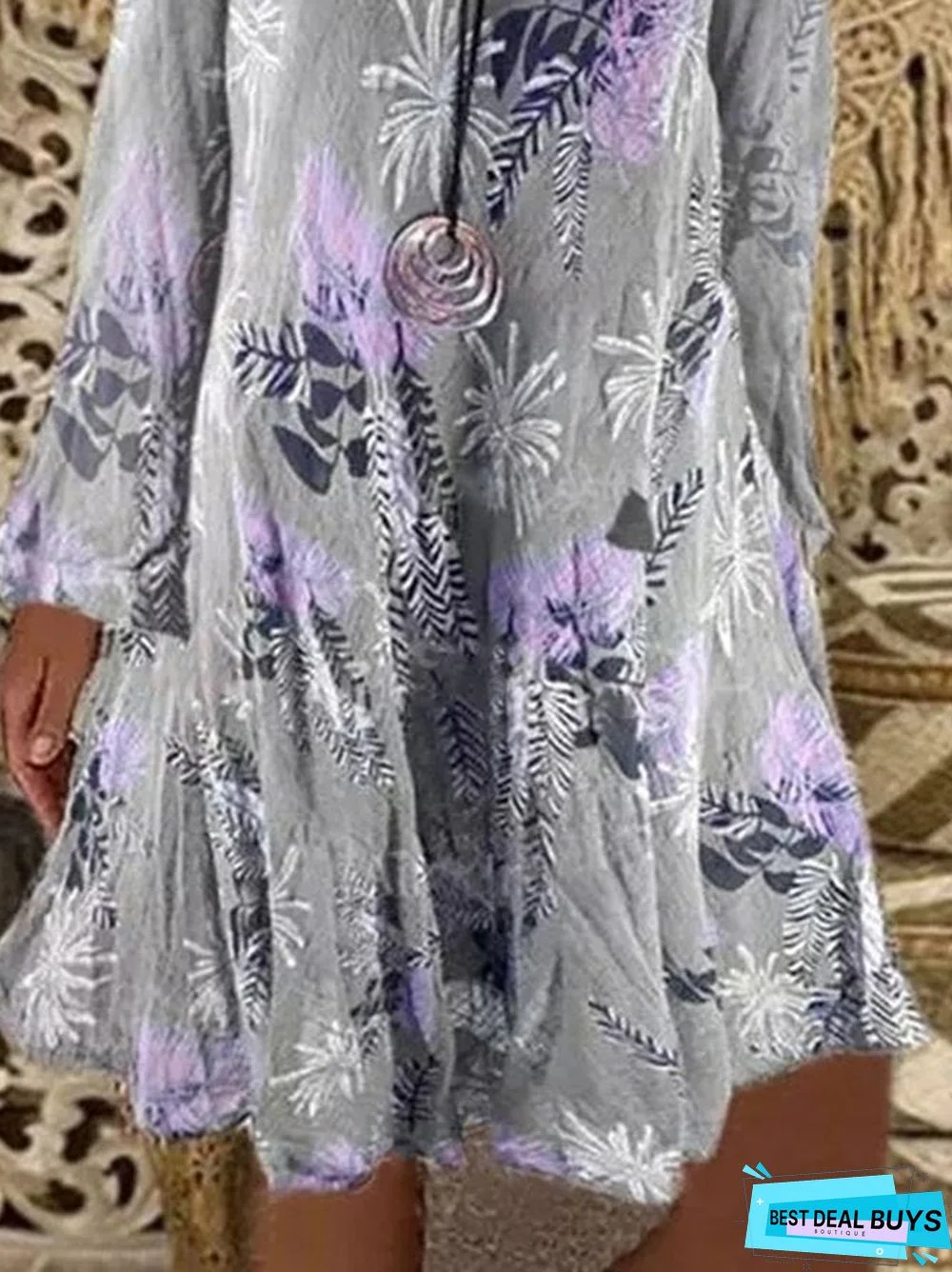 Gray Floral Printed Casual Vintage A-Line Long Sleeve Dresses
