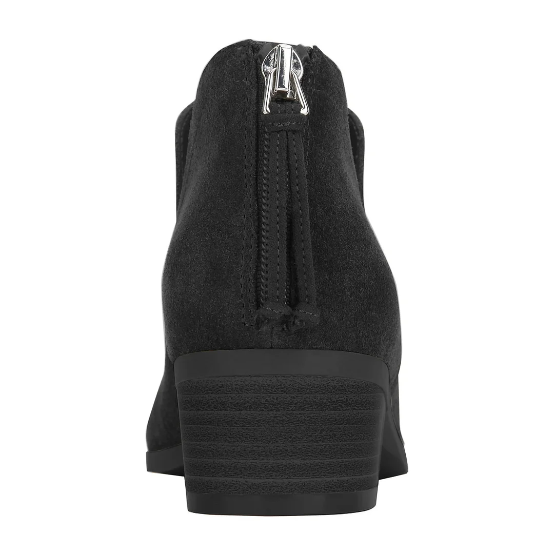 Black Faux Suede Round Toe Back-Zip Comfy Formal Block Heel Shoes 