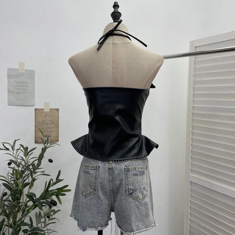 Nigikala Nigikala Shoot Hottie Hanging Neck Zipper Open Fork Sling Vest Pu Skin Bra Repair Short Sleeveless Top 8112