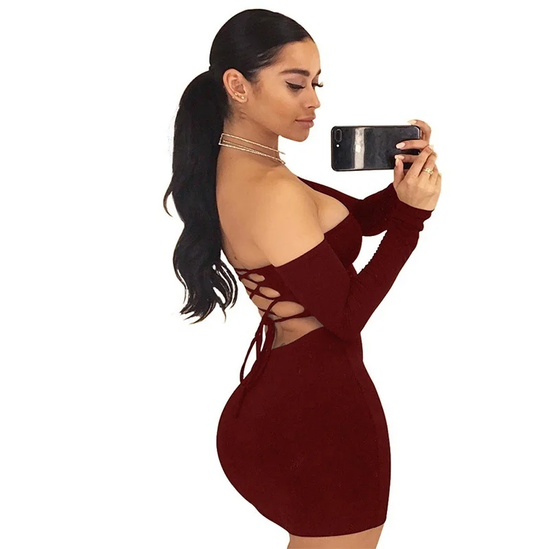 Spring Autumn Long Sleeve Dress Women'S  Off Shoulder Black Backless Lace Up Club Bodycon Mini Dress