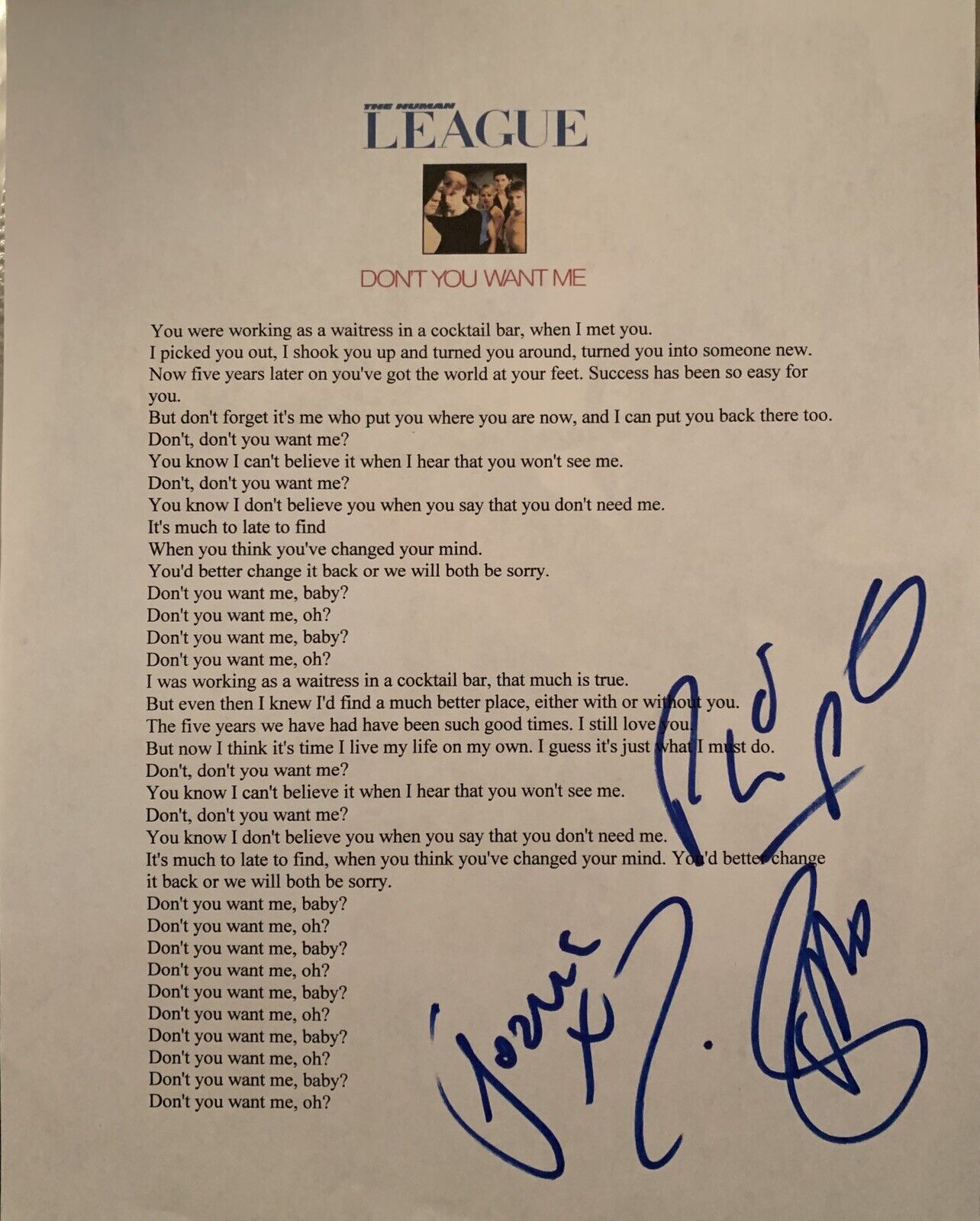 Human League Signed Lyrics Sheet Auto