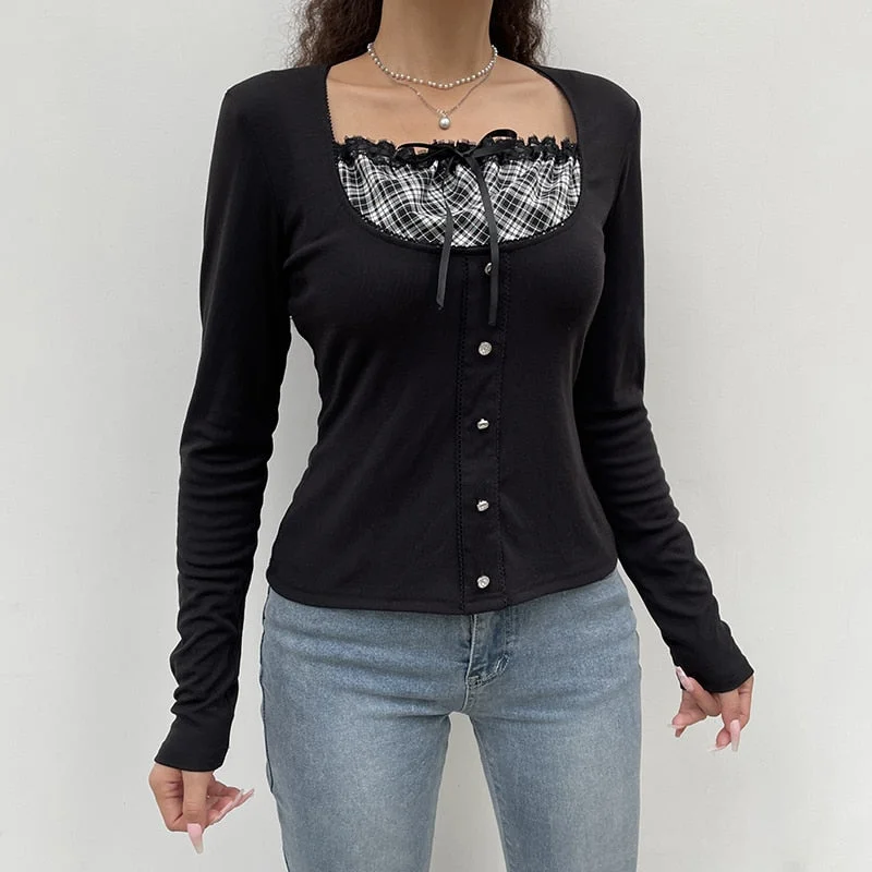 Rapcopter y2k Striped Frill Crop Top Bow Cute Sweet T Shirt Long Sleeve Square Collar Button Tee Vintage Casual Women Pullovers