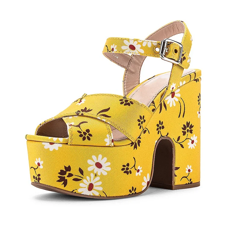 Yellow Floral Platform Sandals Chunky Heel Slingback Sandals |FSJ Shoes