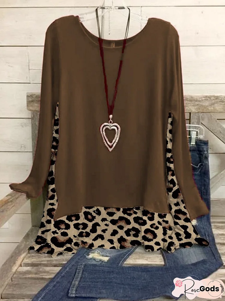 Leopard Long Sleeve Scoop Neckline Jersey T-Shirt