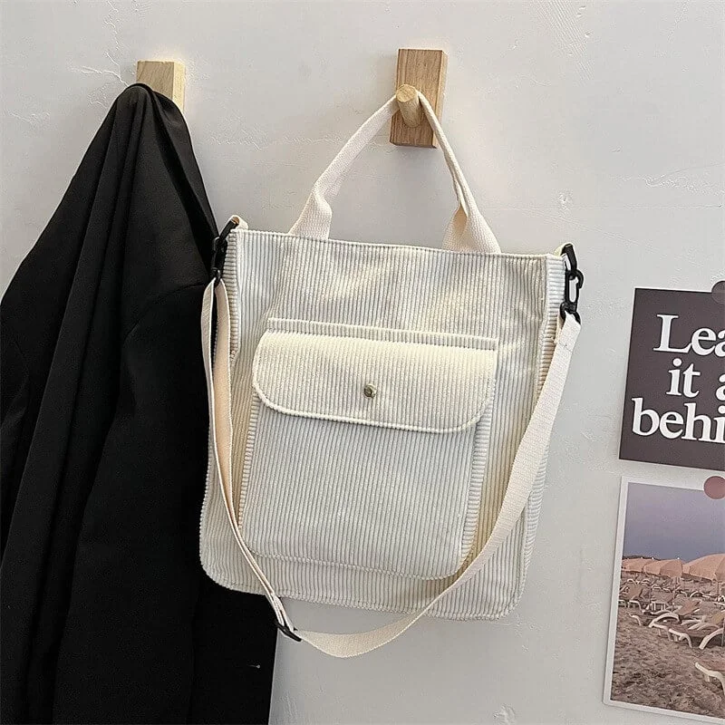 PLUS CORDUROY VINTAGE ZIPPER SHOULDER BAG WITH OUTSIDE POCKET