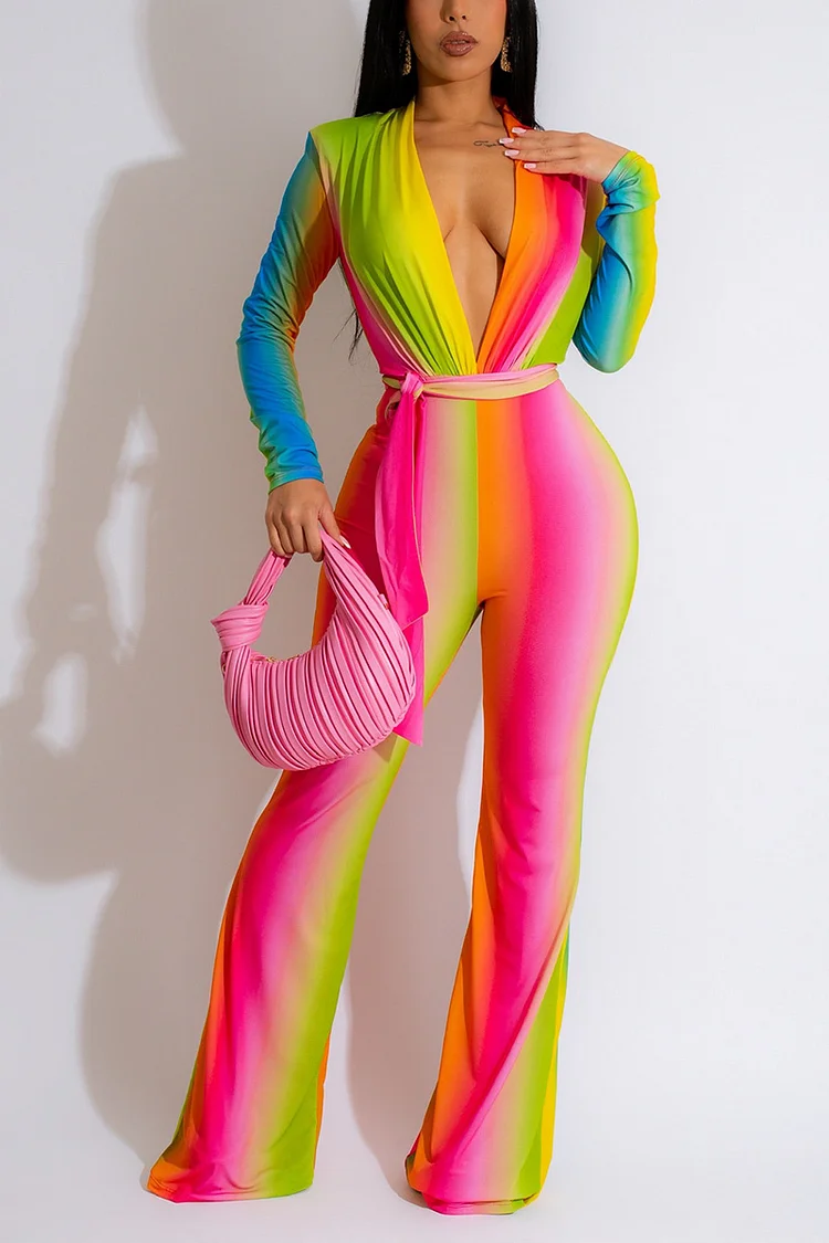 Plus Size Multicolor Party Rainbow Print V-neck Wrap Jumpsuits [Pre-Order]