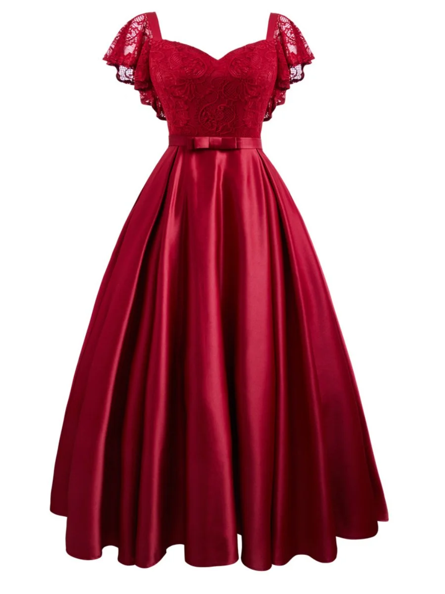 Red Dresses For Women Satin Lace Ruffled Sleeve Maxi Dress