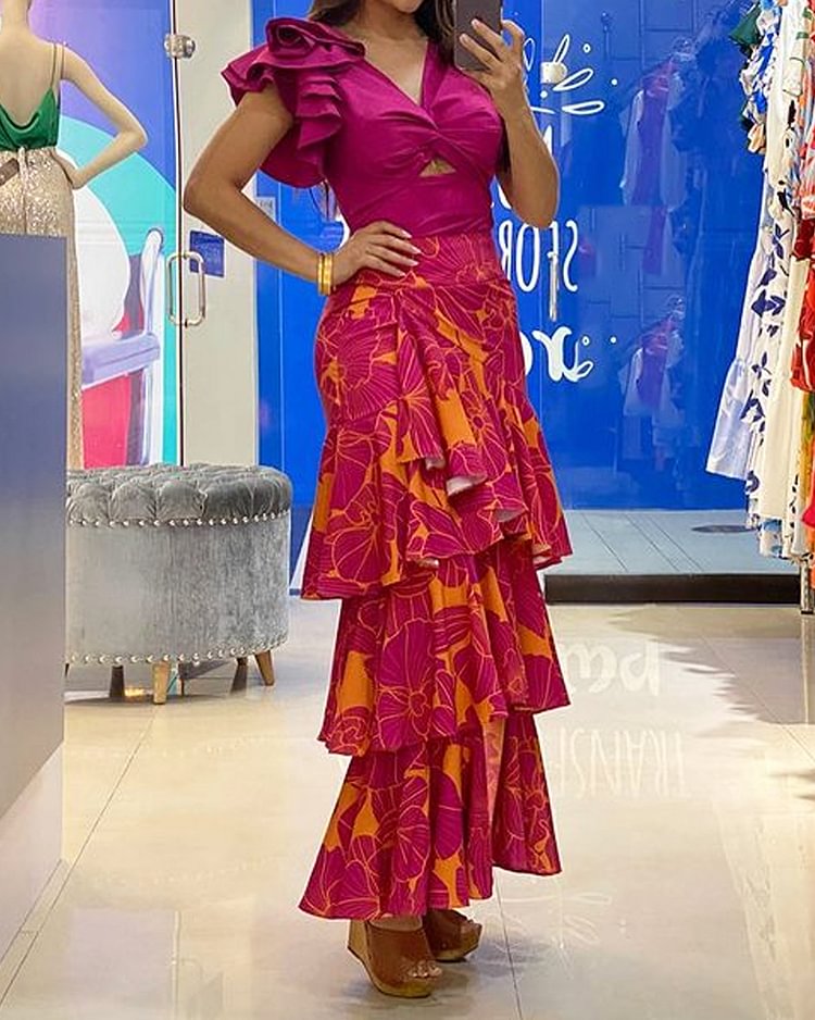 Casual Top & Printed Skirt Two-Piece Set