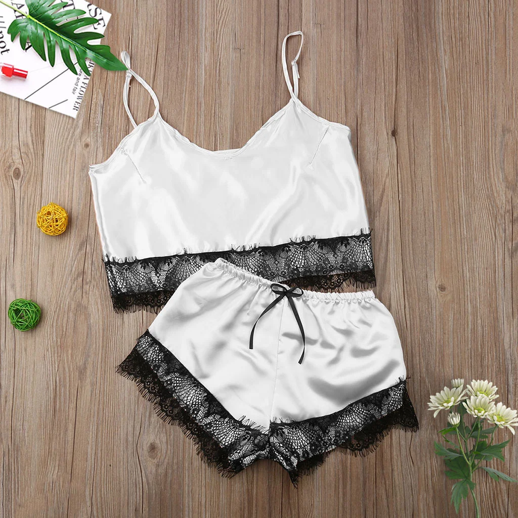 Churchf 2020 New Simulation Lace Trim Split Pajamas Set Sex Lace Set