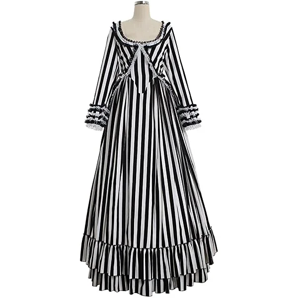 Women's Sleepy Hollow Katrina Cosplay Dress Black and White Stripes Costumes for Halloween