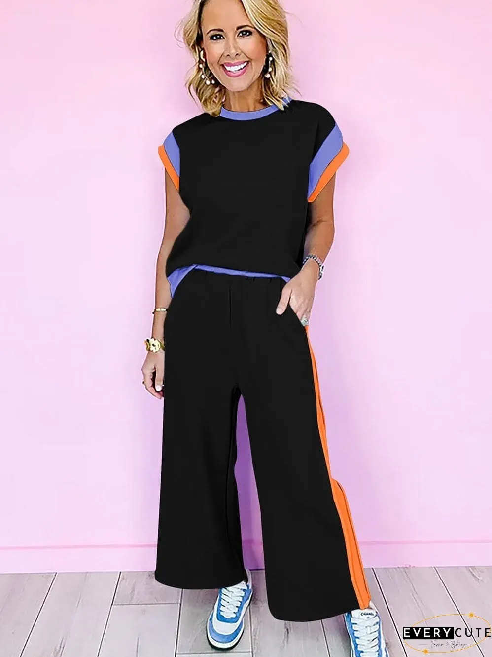 Chic Black Color Block Two-Piece Set