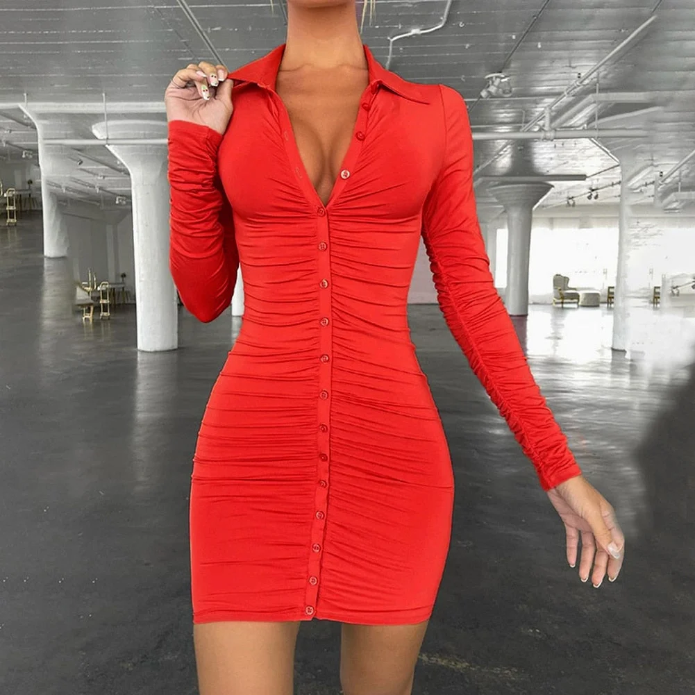 wsevypo Autumn Office Lady Solid Color Mini Shirts Dress Party Vestidos Women's Long Sleeev Button down Ruched Bodycon Dress