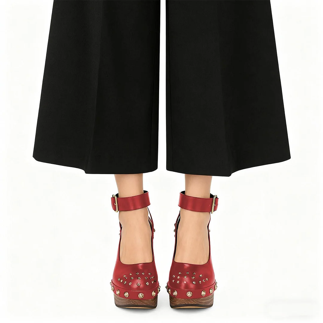 Women's Red Buckle Ankle Strap Studded Pumps Shoes with Platform