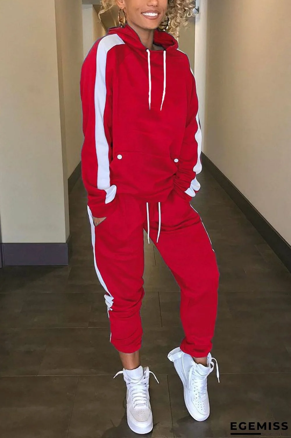 Red Casual Solid Two Piece Suits Patchwork Straight Long Sleeve Two-piece Pants Set | EGEMISS
