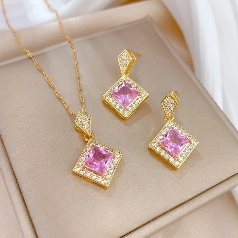 Copper Minimalist Plating Inlay Rhombus Bow Knot Zircon Jewelry Set