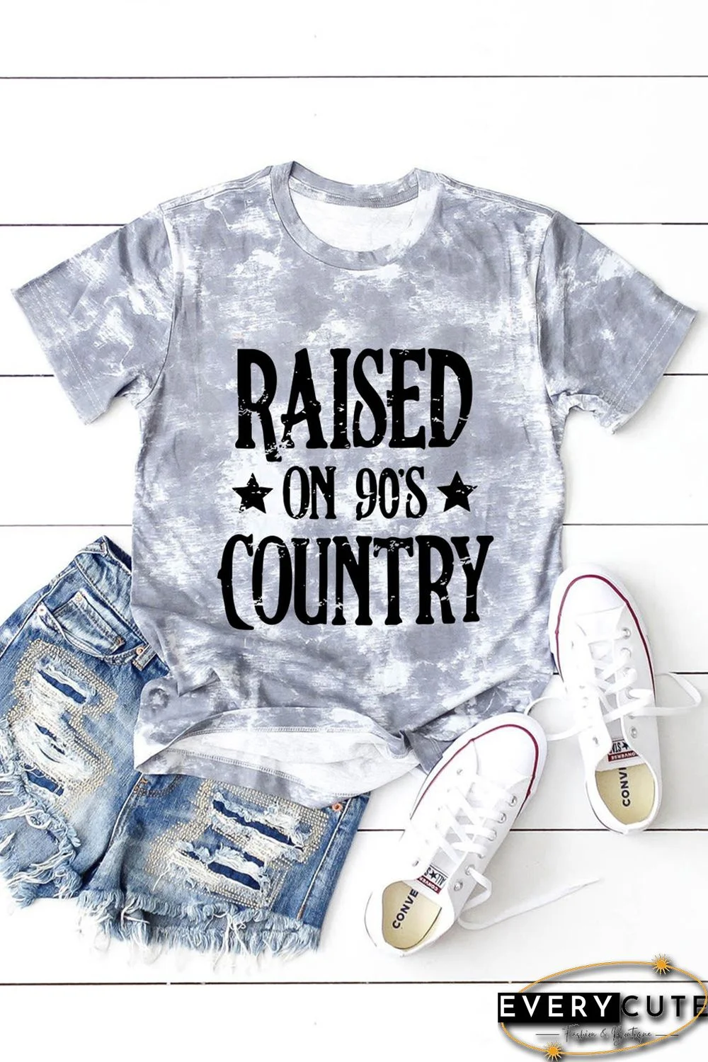 Gray Raised On 90\'s Country Tie Dye Print Graphic T Shirt