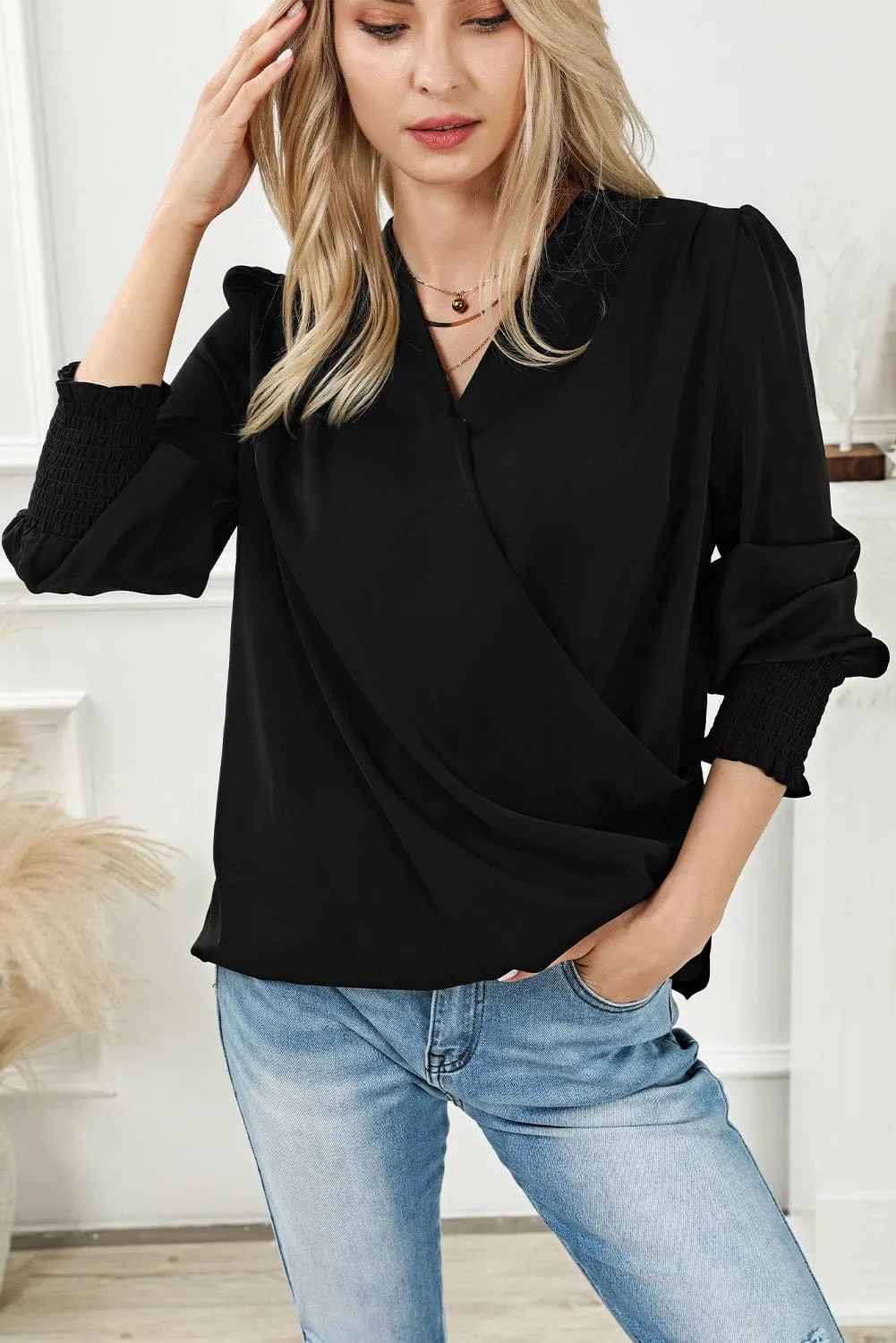 Elegant Black Drape Sleeve V-Neck Blouse