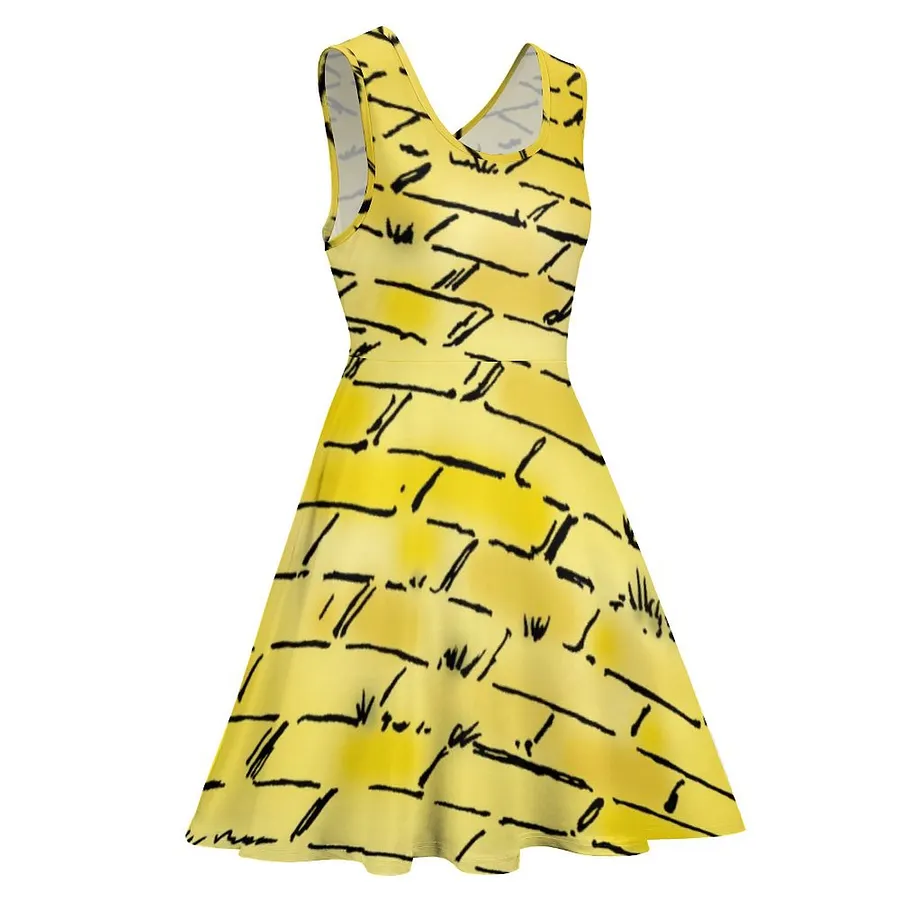 Vintage Wizard of oz Yellow Brick Road Crewneck A-Line Skater Dress Yellow-M